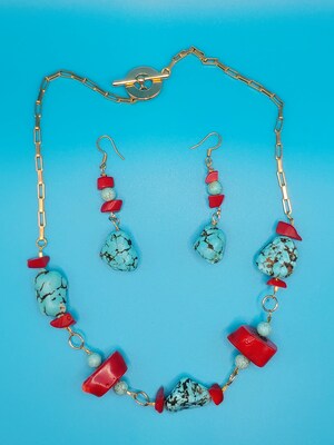 Turquoise Magnesite and Red Coral Necklace and Earring SET - image2